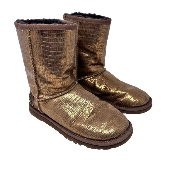 Ugg Lizard Bronze Metallic Leather Black Sheepskin Lined Ankle Boots Size 5
